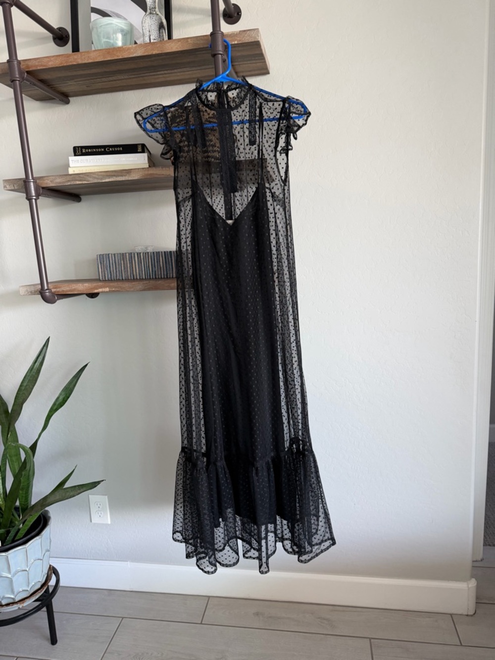 Anthropology Black Sheer Polka-Dot Midi Dress with Slip and Ruffle Hem